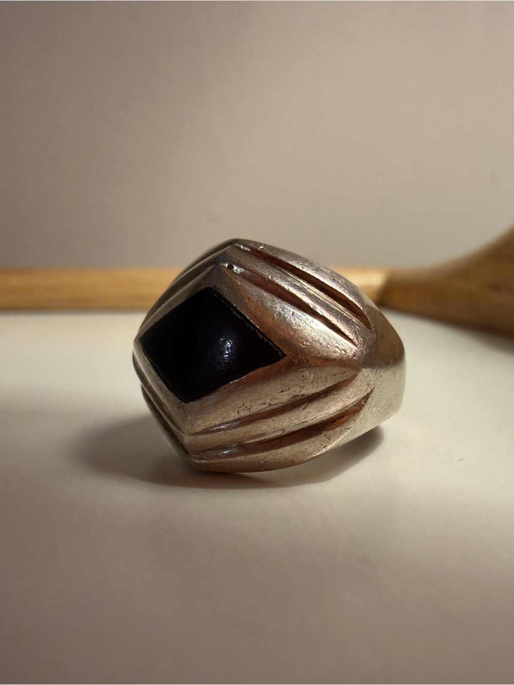 Vintage Heavyweight Modernist Signet Ring - Silver + Black Inlay Sz 9.5 16grams